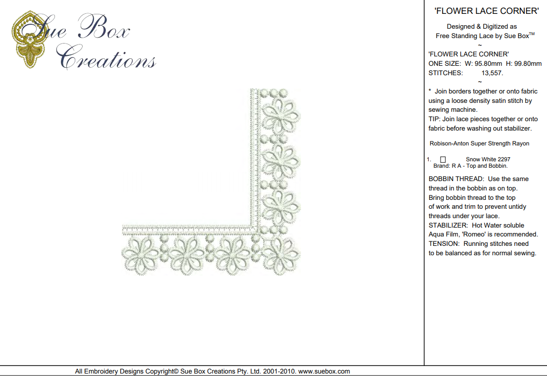 Lace Flower Corner Embroidery Motif 07 Classic Lace by Sue Box