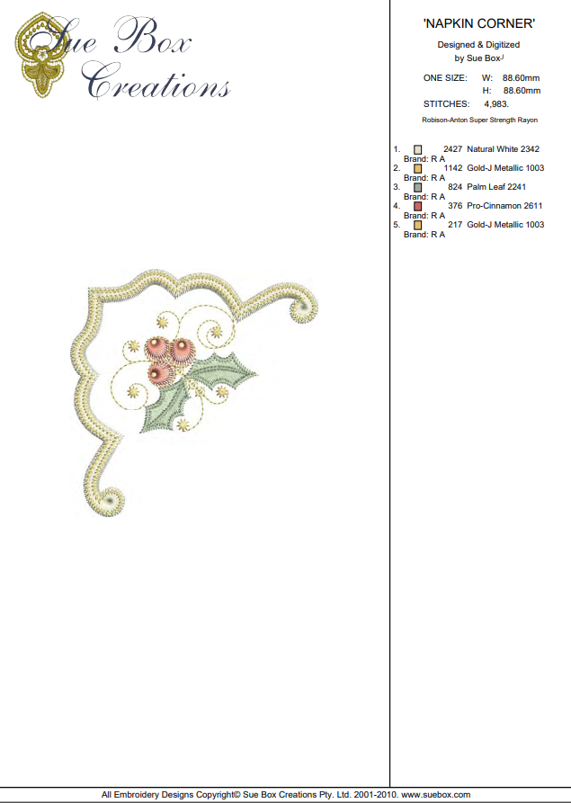 Christmas Napkin Corner Embroidery Motif 08 by Sue Box Sue Box