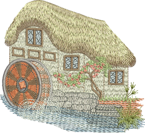 Water Mill and Thatched Cottage Embroidery Motif - 03 by Sue Box