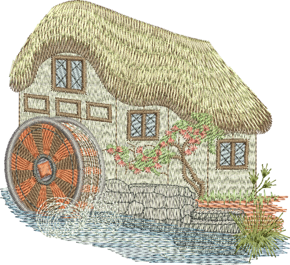 Water Mill and Thatched Cottage Embroidery Motif - 03 by Sue Box