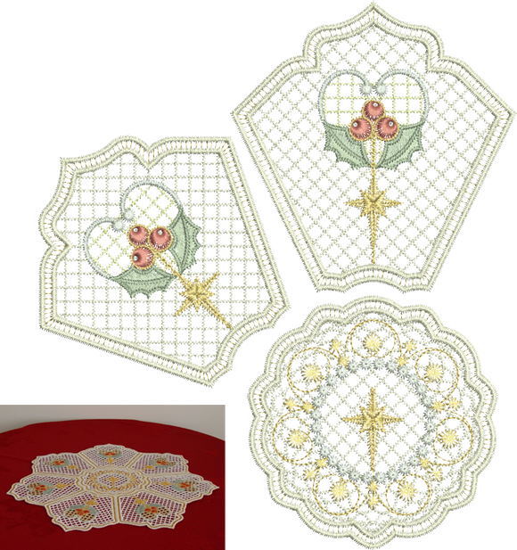 Christmas Holly Doily Set Embroidery Motif - 35 by Sue Box